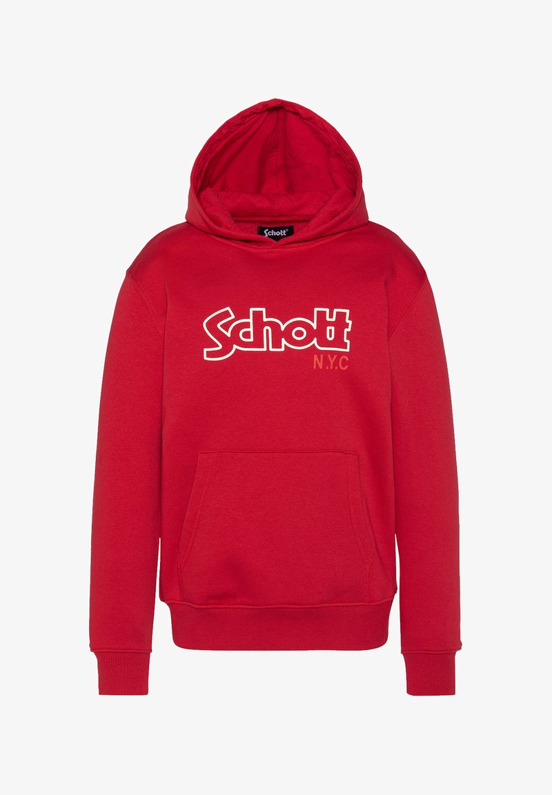 Sweat à capuche rouge en tissu doux avec une poche avant. Il possède une capuche avec cordon de serrage et le logo "Schott N.Y.C" en blanc et beige clair.