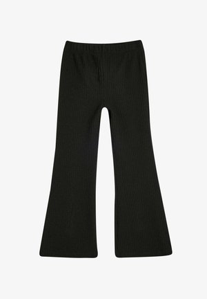 Czarne spodnie dzwony z ribbowanej tkaniny, z elastycznym paskiem w talii i teksturowanym wzorem na całej powierzchni materiału.
