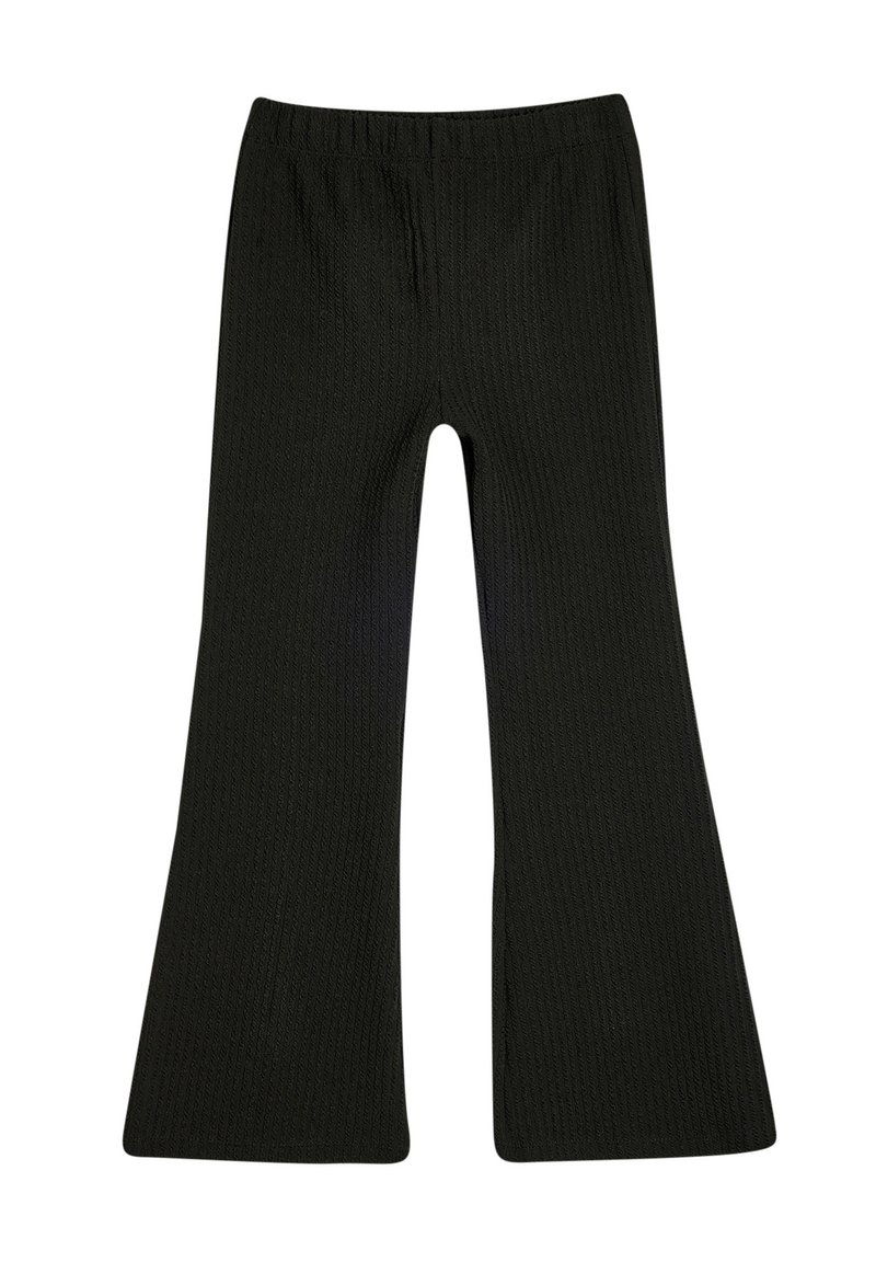 Zwarte flare-broek van geribbeld materiaal, met een elastische tailleband en een gestructureerd patroon door de stof.