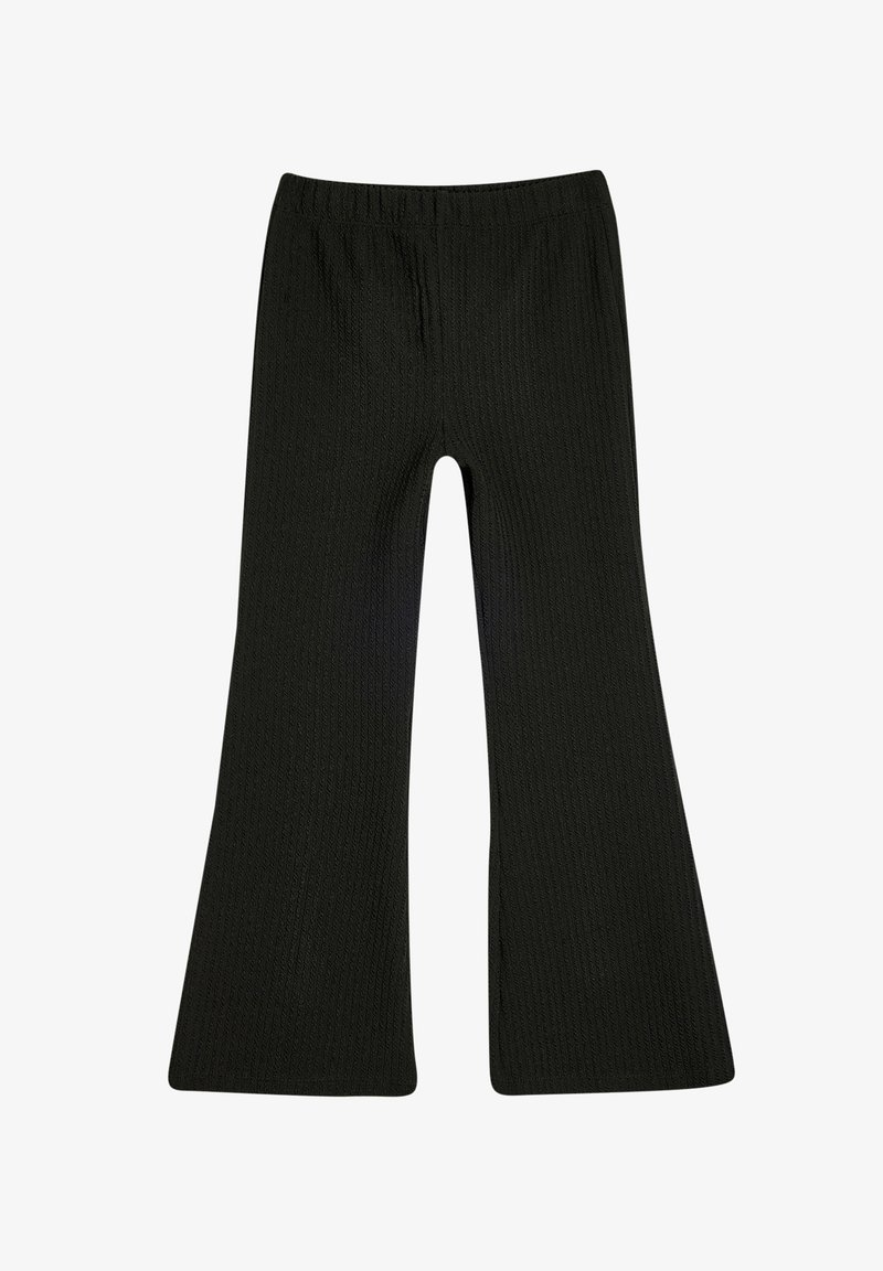 Pantaloni neri a palazzo realizzati in tessuto a coste, con vita elastica e un motivo texture su tutta la superficie.