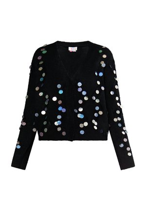 Sort cardigan med dyb V-hals, prydet med farverige paletter i forskellige størrelser over stoffet. Lange ærmer og kort design.