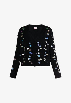 Fekete kardigán mély V-nyakkal, amelyen különböző méretű színes flitterek találhatók. Hosszú ujjak és rövidített fazon.