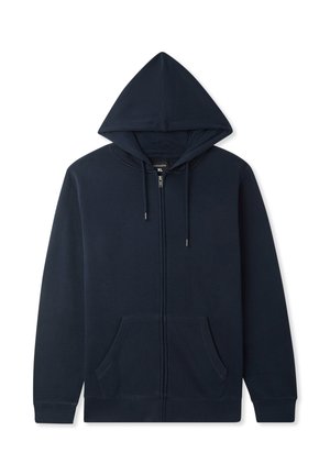 Granatowa bluza z kapturem na zamek, wykonana z mieszanki bawełny, z kapturem, dwiema przednimi kieszeniami i regulowanymi sznurkami. Gładka tekstura.