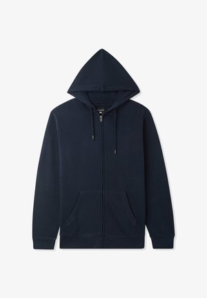 Granatowa bluza z kapturem na zamek, wykonana z mieszanki bawełny, z kapturem, dwiema przednimi kieszeniami i regulowanymi sznurkami. Gładka tekstura.