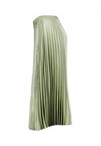 Gonna maxi plissettata in satin verde chiaro. Presenta una vita liscia e un design fluido con pieghe verticali uniformi che si estendono fino all'orlo.