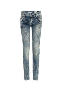 Jeans en denim bleu clair avec une coupe slim, présentant des coutures diagonales distinctives, plusieurs poches et une légère texture décolorée.