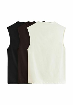 Three sleeveless tops in black, dark brown, and cream. Made of smooth, soft fabric with a simple design and rounded necklines.