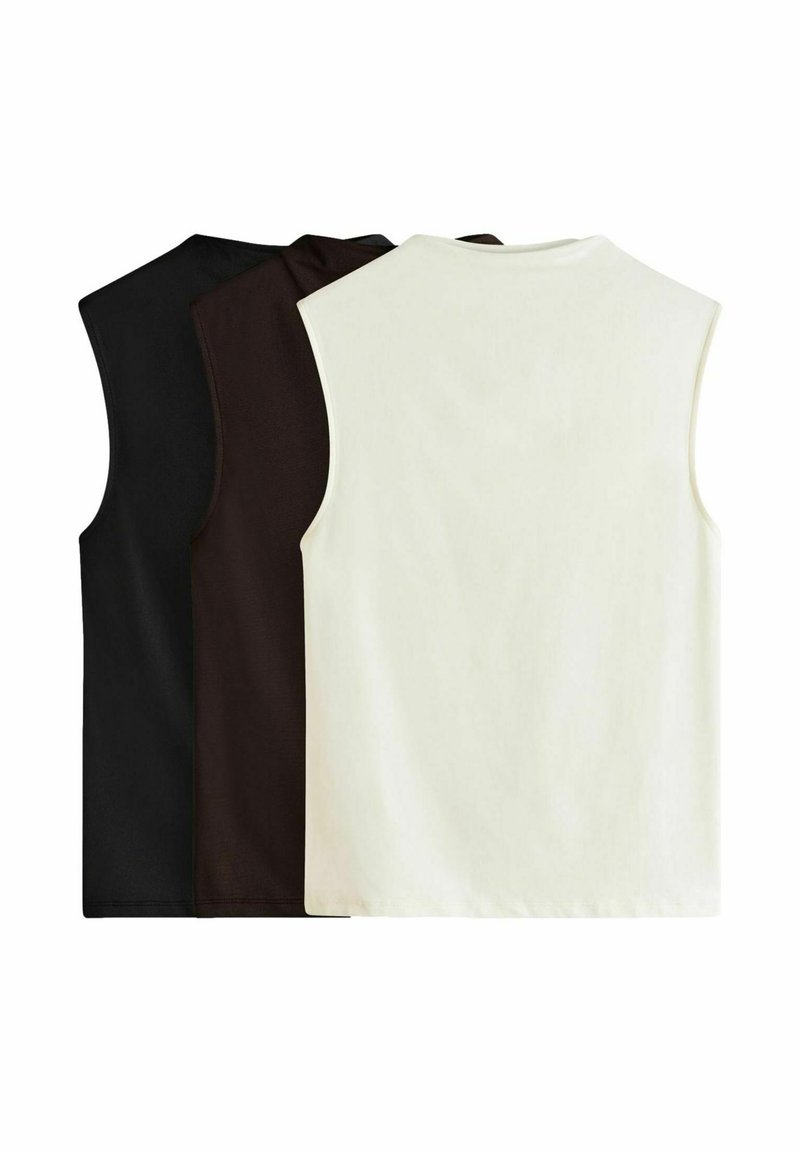 Three sleeveless tops in black, dark brown, and cream. Made of smooth, soft fabric with a simple design and rounded necklines.