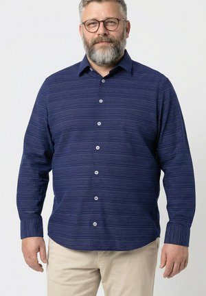 Middelbare man met grijze baard en bril, die een blauw gestreept overhemd met knopen en beige broek draagt, staand tegen een witte achtergrond.