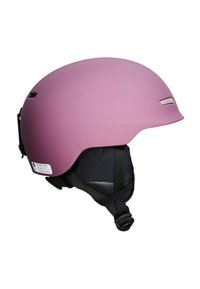 Pink matte ski helmet with a streamlined shape, adjustable black chin strap, and interior padding for comfort. Features ventilation openings.