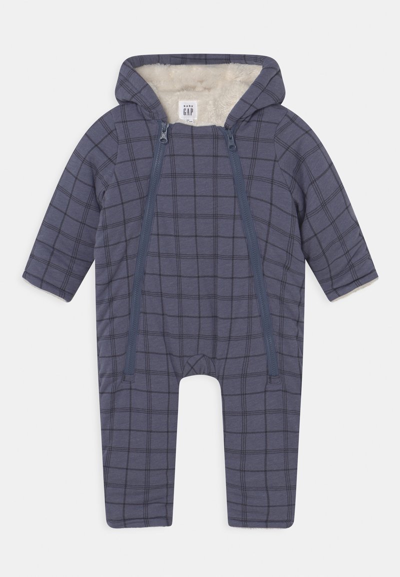 Body pour bébé bleu marine à motif à carreaux, avec une capuche doublée, deux fermetures éclair à l'avant et des manches longues. Texture de tissu douce.