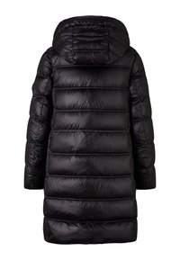Czarna długa, ocieplana kurtka zimowa z poziomym pikowaniem i przyszytym kapturem, pokazana od tyłu.