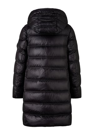 Czarna długa, ocieplana kurtka zimowa z poziomym pikowaniem i przyszytym kapturem, pokazana od tyłu.