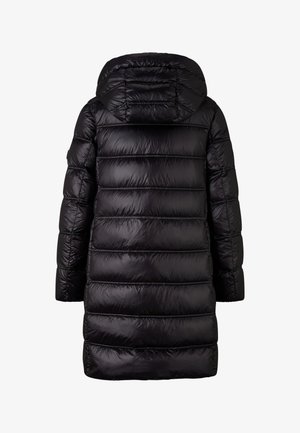 Black long padded winter coat with horizontal quilting and attached hood, shown from the back.
