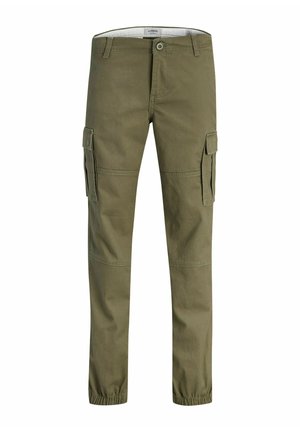 Pantalon cargo vert olive avec fermeture à boutons, passants de ceinture, poches latérales à rabat, coutures aux genoux et chevilles élastiquées.