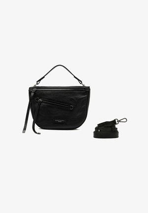 Borsa a mano in pelle nera con forma curva, manico superiore e tracolla rimovibile. Presenta una tasca con zip e una superficie texturizzata.