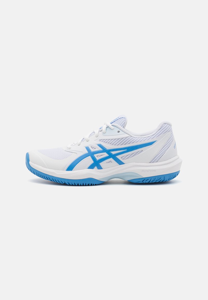 White athletic shoe with blue accents. Features a mesh upper for breathability, a cushioned sole, and a flexible rubber outsole for grip.