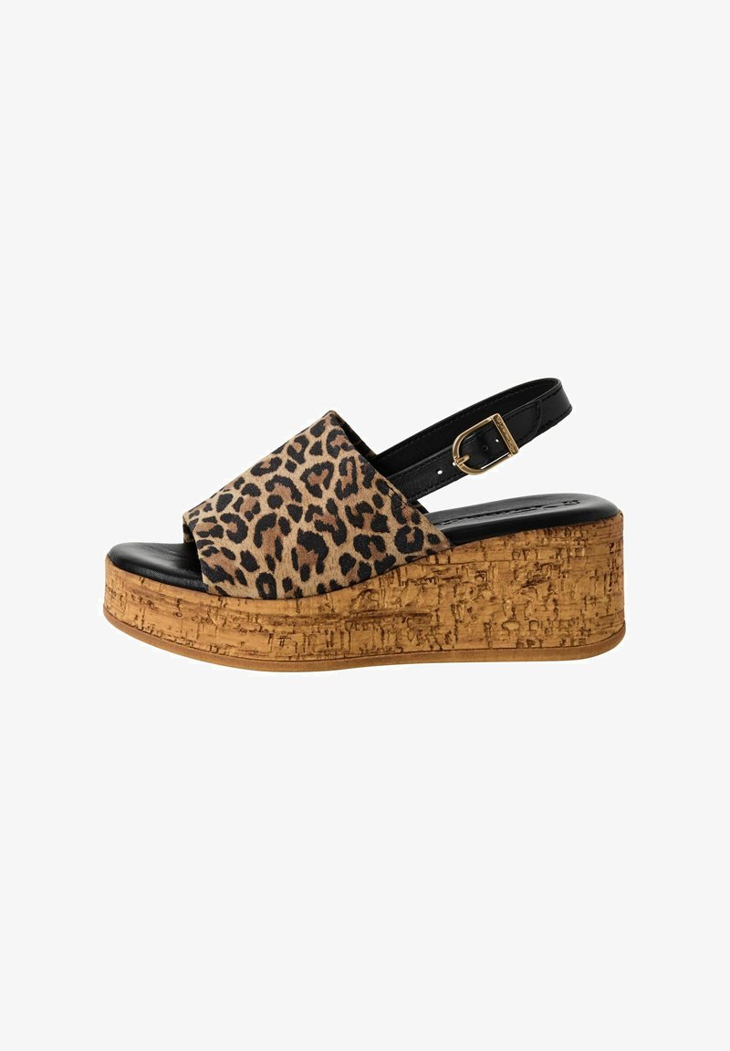 Leopard print wedge sandals with a black slingback strap, cork platform, and smooth black footbed. Features a rounded front opening.