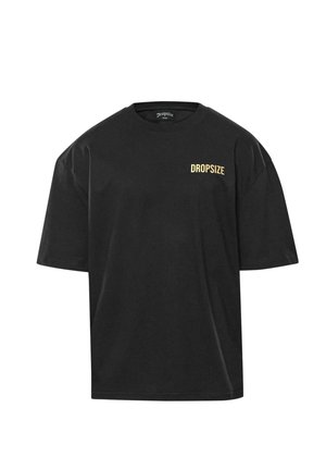 Black cotton t-shirt featuring a crew neck, short sleeves, and a yellow "DROPSIZE" logo on the front. Soft texture and relaxed fit design.