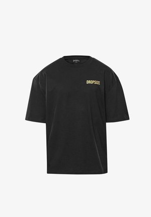 Tricou din bumbac negru, cu guler rotund, mâneci scurte și un logo galben "DROPSIZE" pe față. Textură moale și design confortabil.