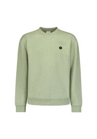 Ljust grön sweatshirt i mjukt material, med rund hals och ribbade muddar. En liten svart hexagonal logotyp finns på vänster bröst.