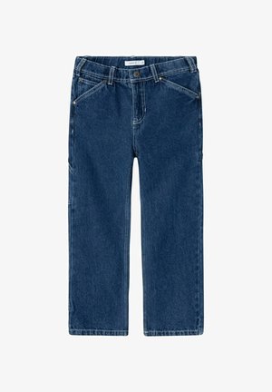 Jeans en denim bleu foncé avec une coupe droite, style cinq poches et coutures visibles. Comprend une fermeture à bouton en métal et des passants de ceinture.