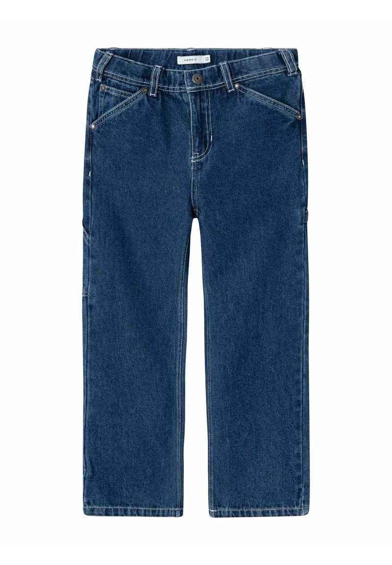 Donkerblauwe denim jeans met een rechte pijp, vijf zakken en zichtbare stiksels. Voorzien van een metalen knoopsluiting en riemlussen.
