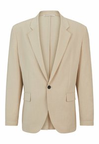 Beige Blazer mit Reverskragen, zwei vorderen Taschen, einreihiger Knopfschluss und langen Ärmeln, aus leichtem Stoff gefertigt.