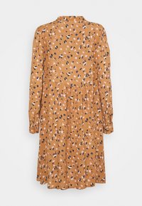 Robe marron à manches longues, encolure ronde et design à étages ; comporte un motif floral en violet, rose et noir. Texture de tissu douce.