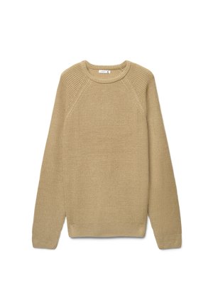 Maglione beige in maglia con maniche lunghe e scollo rotondo, steso su uno sfondo bianco.