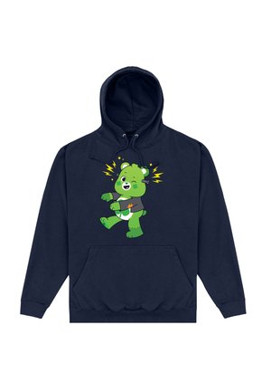 Granatowy hoodie z zielonym wzorem misia o figlarnym wyrazie twarzy, ubranego w czarną koszulkę, otoczonego żółtymi błyskawicami.