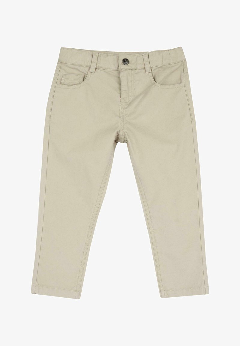 Beige cotton trousers with a straight design, front pockets, a single back pocket, and a metal button closure at the waist.