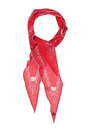 Red bandana scarf with white paisley patterns, heart-shaped embroidery on each pointed end, and a small black button on one tip.