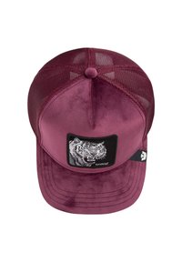 Weinrote Kappe mit Netzrücken, versehen mit einem Tiger-Logo auf einem quadratischen Aufnäher. Weiche Textur und strukturierte Form mit abgerundetem Schirm.