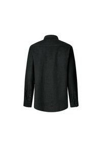 Schwarzes Langarmhemd aus Denimstoff. Merkmale sind ein Kragen, knöpfbare Manschetten und ein gerades Rücken-Design. Glatte Textur.