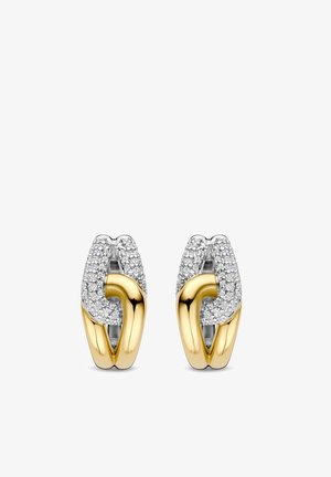 Two earrings featuring intertwining links, with one link gold-toned and the other silver-toned, adorned with clear crystal embellishments.