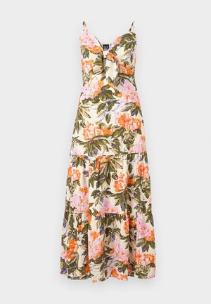 Blumenkleid im Maxiformat mit Spaghetti-Trägern, cremefarbenem Stoff mit pinken, orangefarbenen und grünen Blumenmustern sowie einem mehrstufigen Rüschensaum.