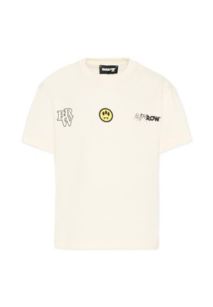 T-shirt bianca a maniche corte con faccina sorridente nera e gialla, lettere "BRW" sul petto a sinistra e logo "BARROW" sul petto a destra.