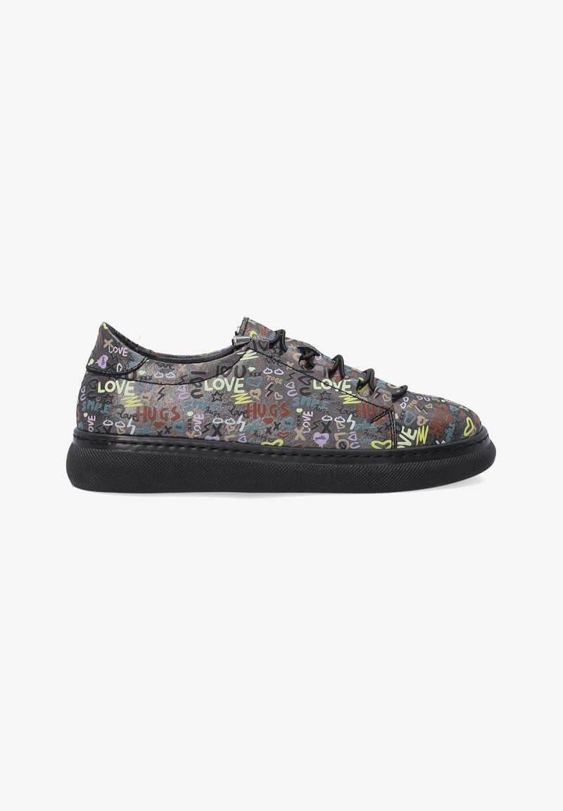 Multicolored sneakers with a black sole and laces, featuring a graphic design of words and symbols like "love" and "hugs" on the upper material.