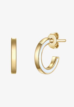 Orecchini a cerchio in oro con finitura lucida, caratterizzati da un accento in smalto bianco sul bordo esterno; design rotondo con chiusura a perno.