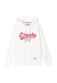 Felpa bianca con grafiche rosa "Creeks Original dal 1994". Caratterizzata da una tasca a marsupio e un cappuccio regolabile con coulisse, maniche a costine.