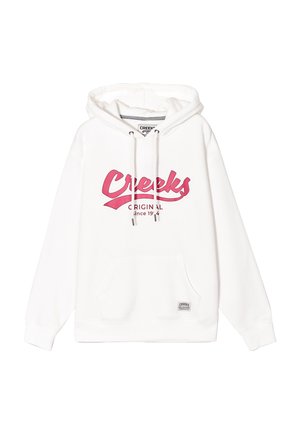 Weißer Hoodie mit pinkem "Creeks Original seit 1994" Grafik. Verfügt über eine Kängurutasche und eine verstellbare Kapuze mit Kordelzug, gerippte Bündchen.