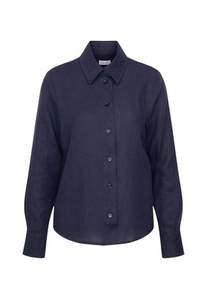 Dark navy blue long-sleeve shirt made of linen, featuring a classic collar, front button closure, and slightly rounded hem.