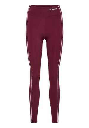 Bordeaux leggings med høj talje, med hvide sidelister og et logo på taljen. Lavet af strækbart, glat stof.