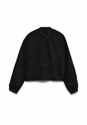 Veste bomber noire raccourcie avec boutons pression, col et poignets côtelés, et deux poches fendues à l'avant sur un fond blanc.