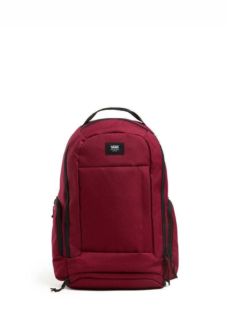 Maroon backpack made of durable fabric, featuring black zippers, a textured surface, and a logo patch on the front pocket.