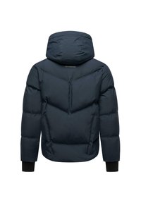 Námornícky modrá prešívaná bunda s kapucňou, so vzorom šípok na chrbte, elastickými manžetami a hladkou, matnou textúrou.