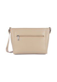 Borsa a tracolla in pelle beige con tracolla regolabile e tasca a zip esterna sul lato frontale.