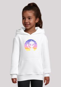 White hoodie with a front pocket, featuring a multicolored alien graphic against a circular sunset gradient design in purple and yellow.