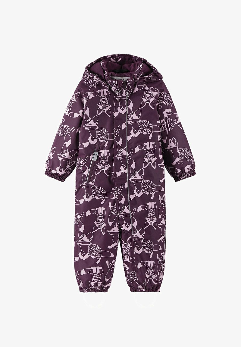 Salopette imperméable violette avec des motifs de renard rose, dotée d'une capuche, d'une fermeture éclair, de poignets élastiques et de sangles de pied pour un maintien sécurisé.